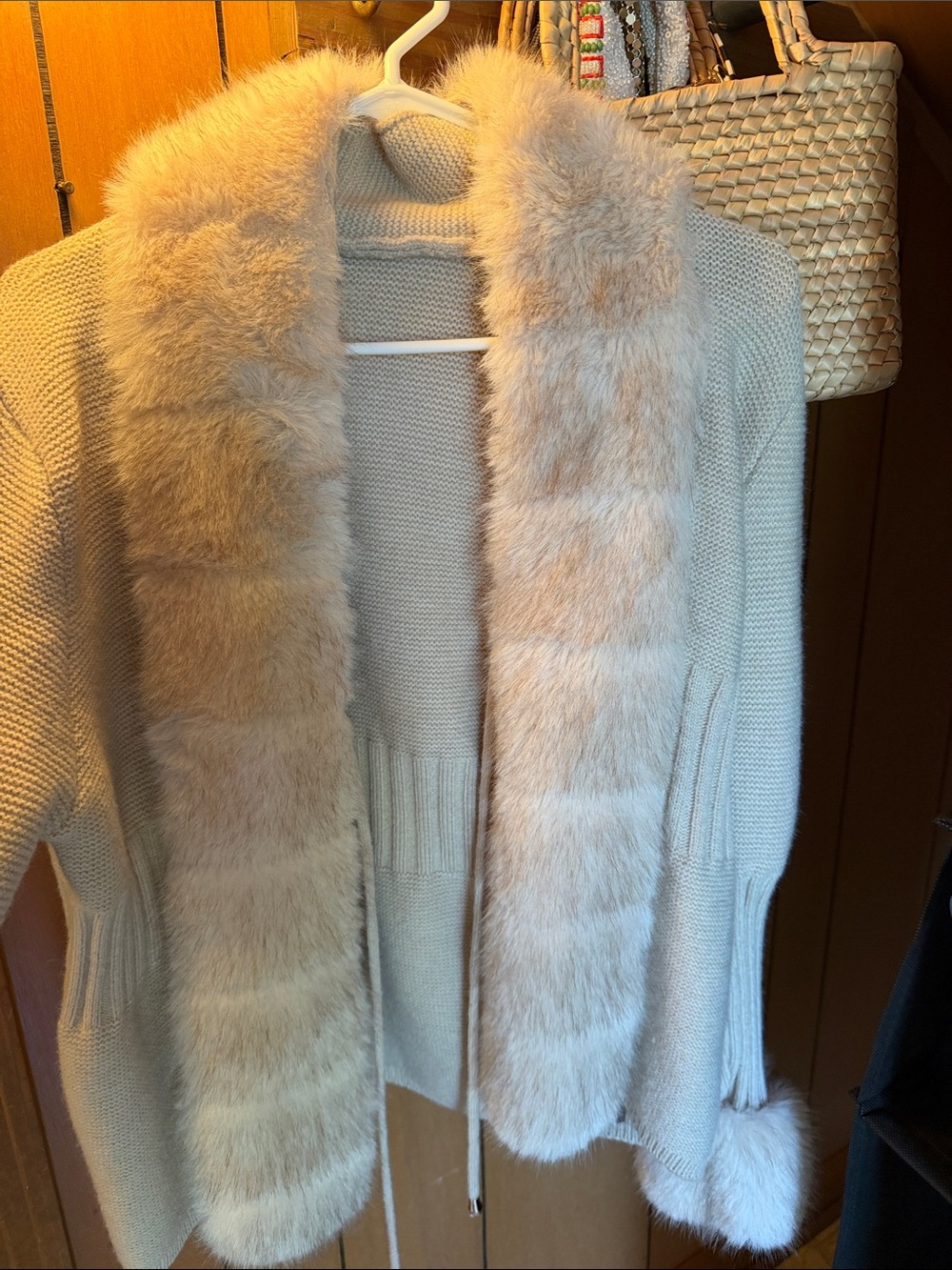 Cream Knit Cardigan with Plush Fur Trim